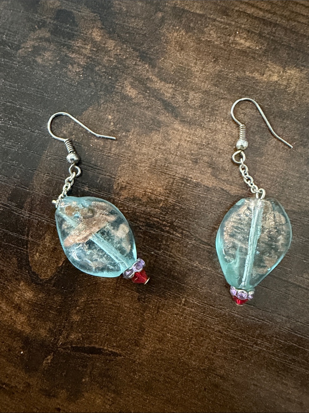 Handmade Aqua Glass Drop Earrings with Red Accent - Picture 2 of 2